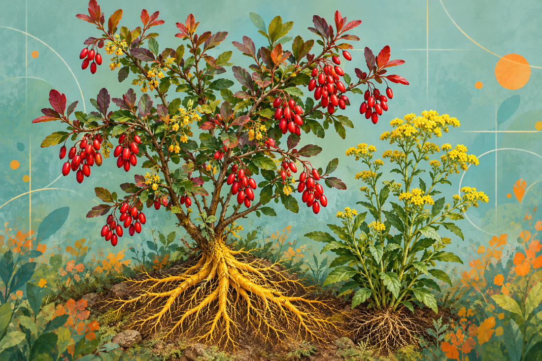 Illustration of barberry and Chinese goldthread plants, two natural sources of berberine, on a teal background