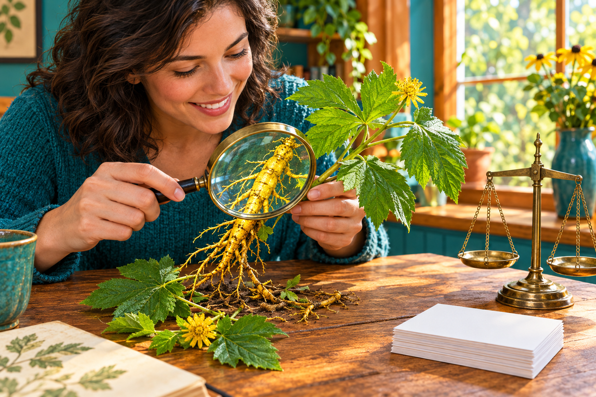 Person studying a goldenseal plant and its yellow root through a magnifying glass beside a small brass scale