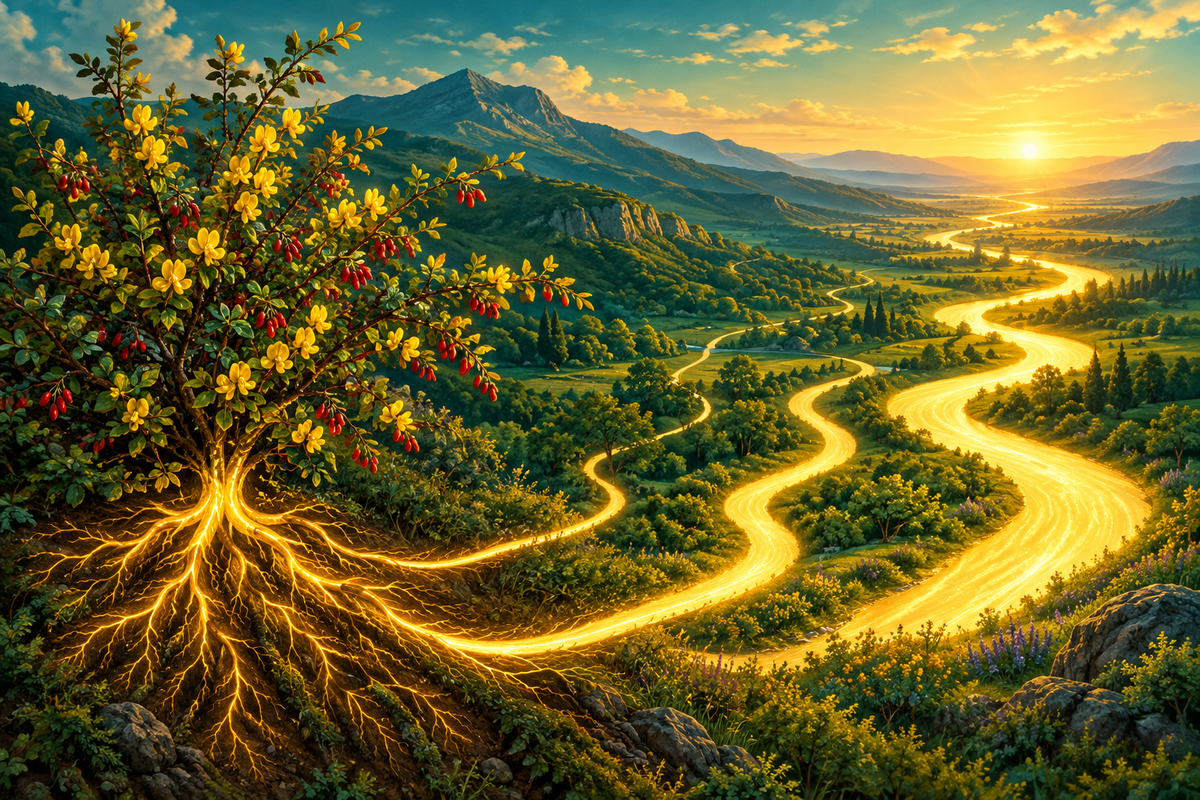 Three golden streams of different widths flowing from a barberry shrub, symbolising different forms of berberine