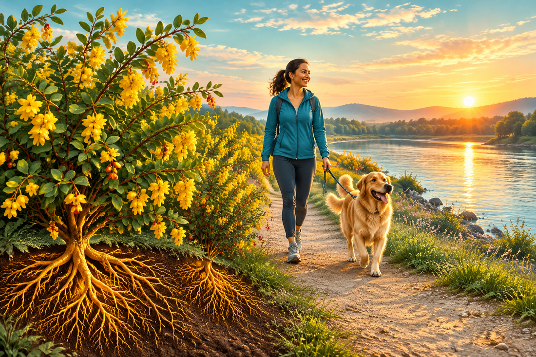 Yellow barberry shrubs beside a riverside path where a person walks a dog at sunrise