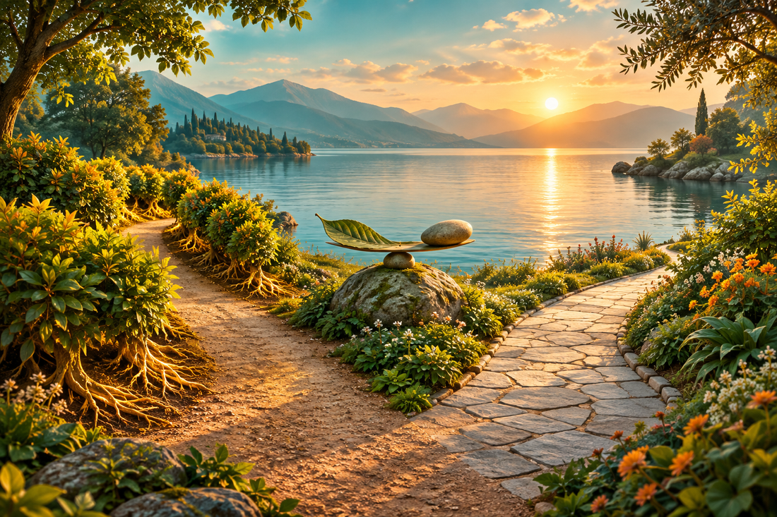 Two garden paths meet at a sunlit fork beside a leaf-and-stone balance, a metaphor for weighing two options