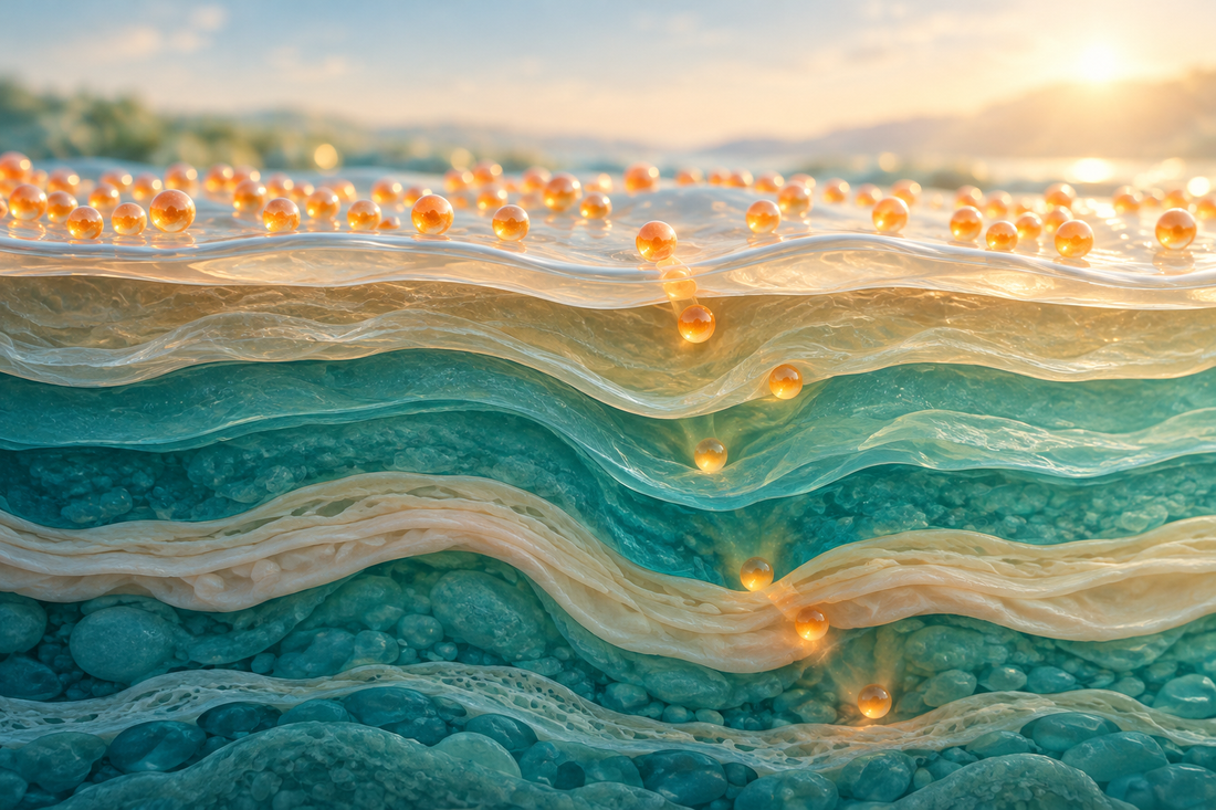 Tiny glowing orange spheres resting on a layered teal wall, a metaphor for the skin barrier keeping most molecules out