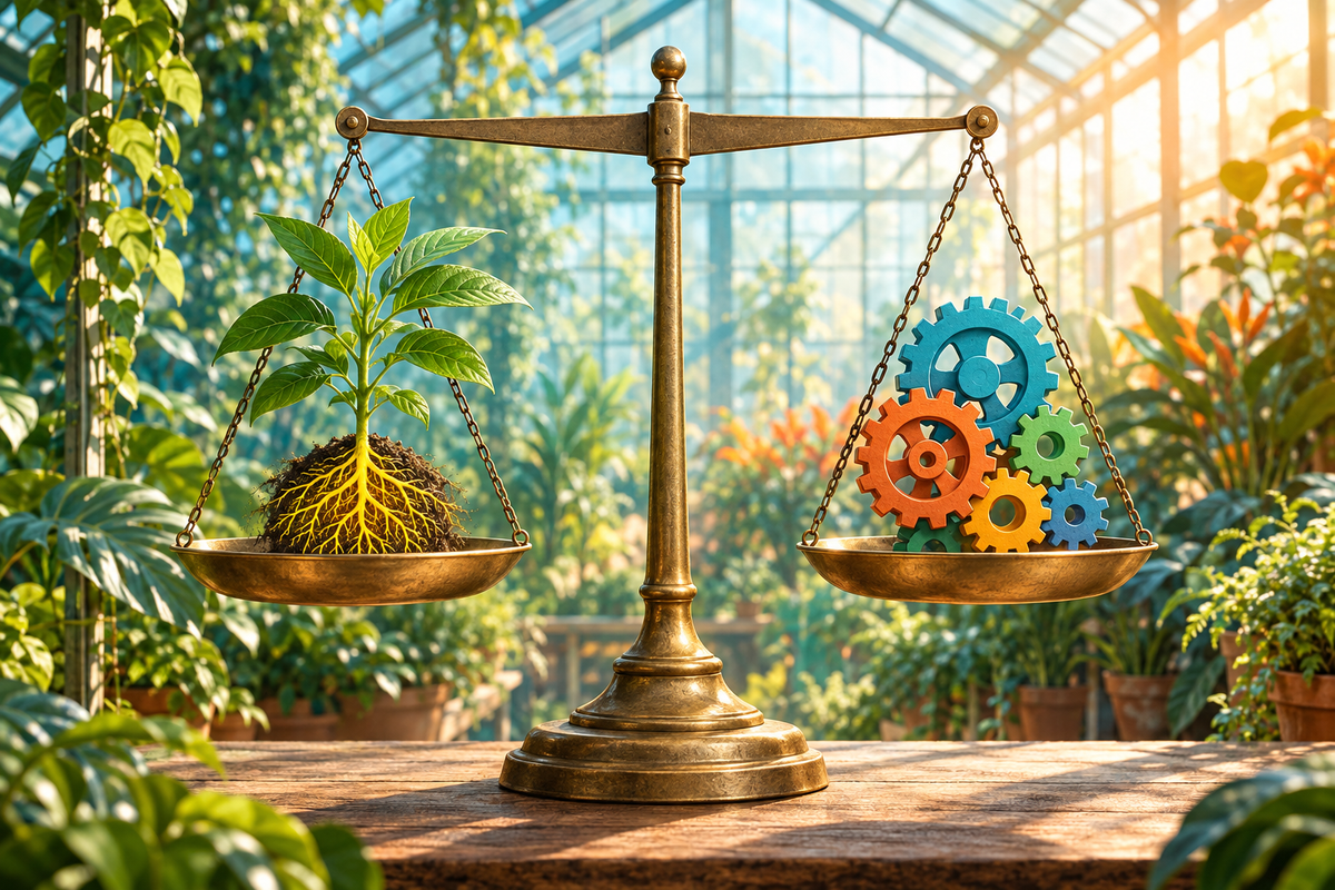 Balance scale in a sunlit greenhouse weighing a yellow-rooted plant sprig against colourful interlocking gears