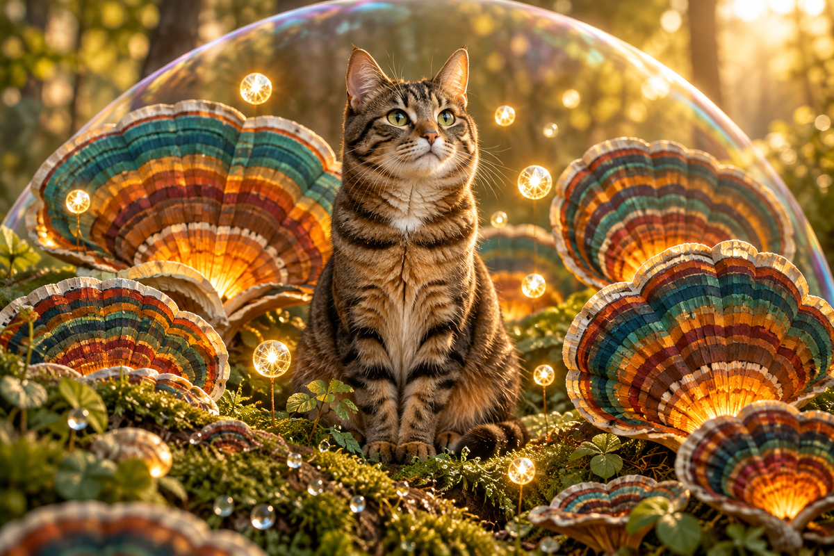 Happy tabby cat sitting among giant glowing turkey tail mushrooms in a whimsical miniature forest