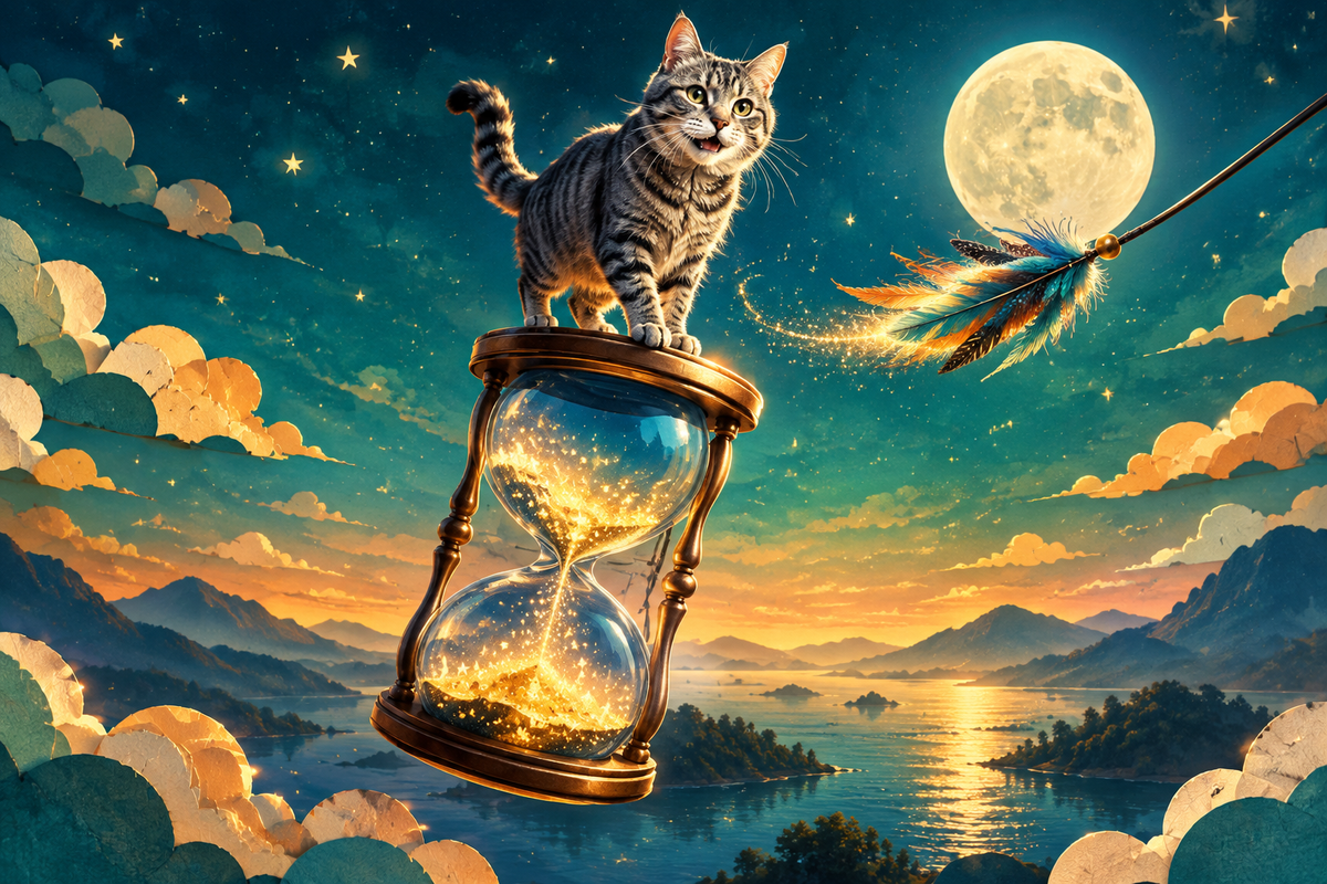 Healthy senior tabby cat balancing on a floating star-filled hourglass under a teal and amber sky