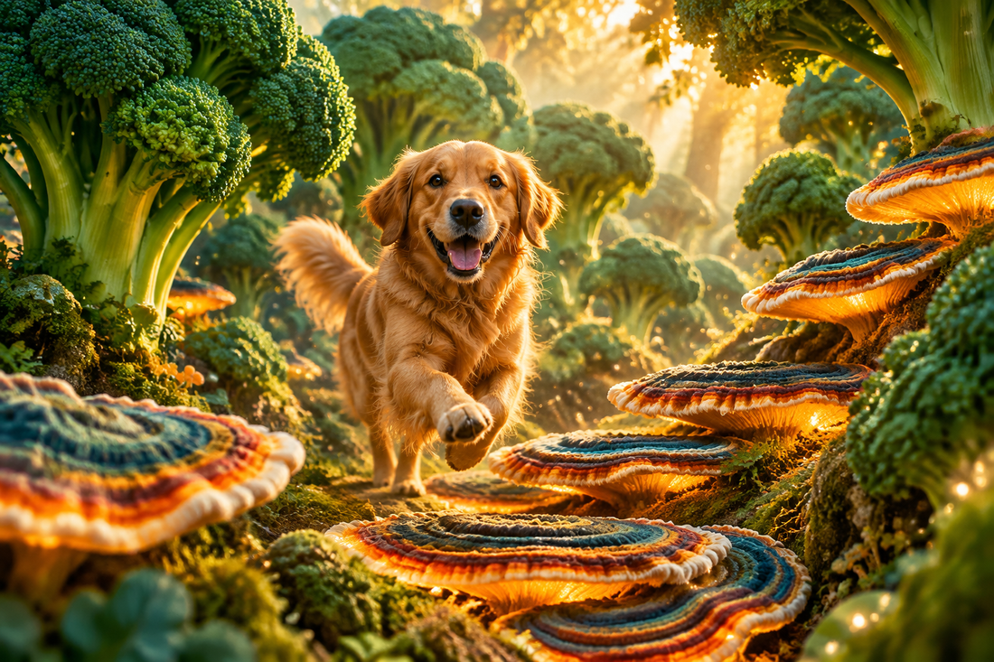Happy golden retriever running through a miniature forest of glowing turkey tail mushrooms and broccoli trees