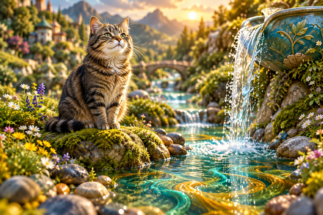Healthy senior tabby cat on a mossy rock by a miniature waterfall flowing from a giant water fountain into turquoise pools