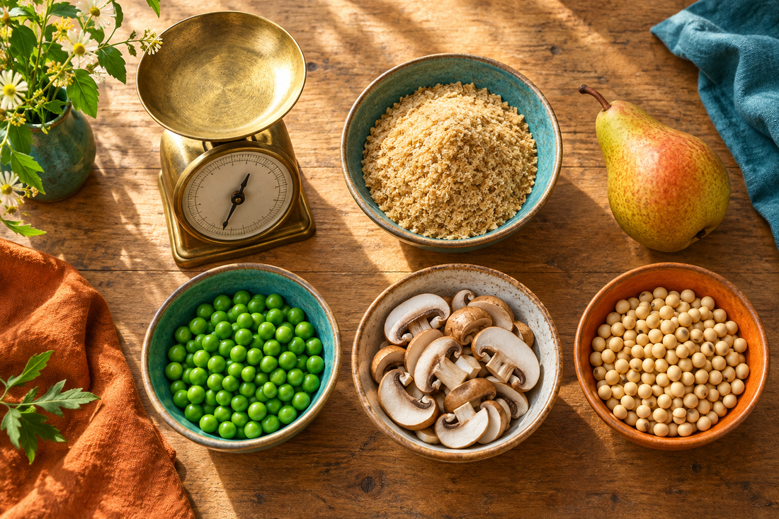 Kitchen scale beside bowls of wheat germ, green peas, mushrooms, soybeans and a pear on a sunlit table