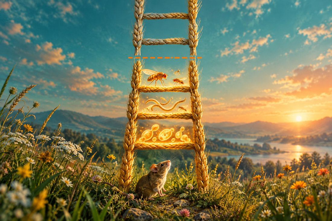 Wheat-stalk ladder with glowing yeast, worms and flies on its rungs, a mouse at its foot and a dashed gap line above