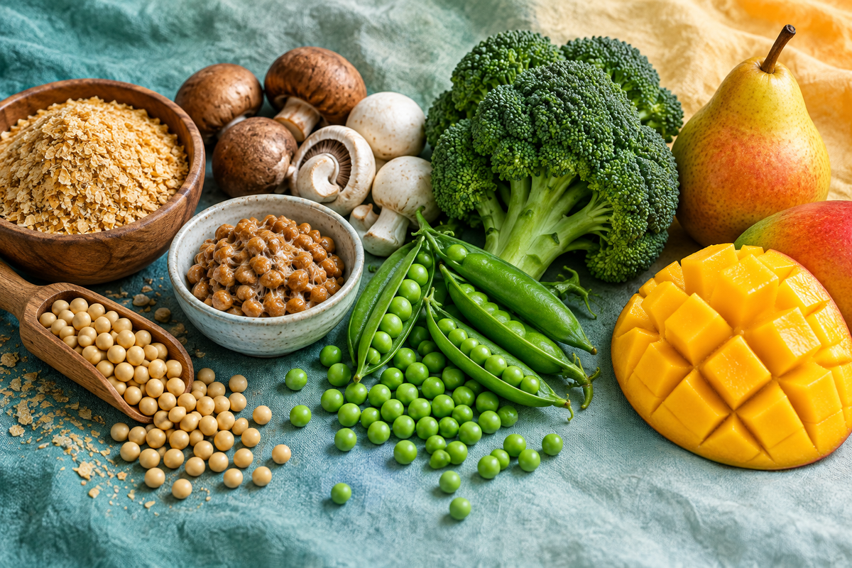 Overhead spread of wheat germ, soybeans, natto, mushrooms, green peas, broccoli, pear and mango on a teal cloth