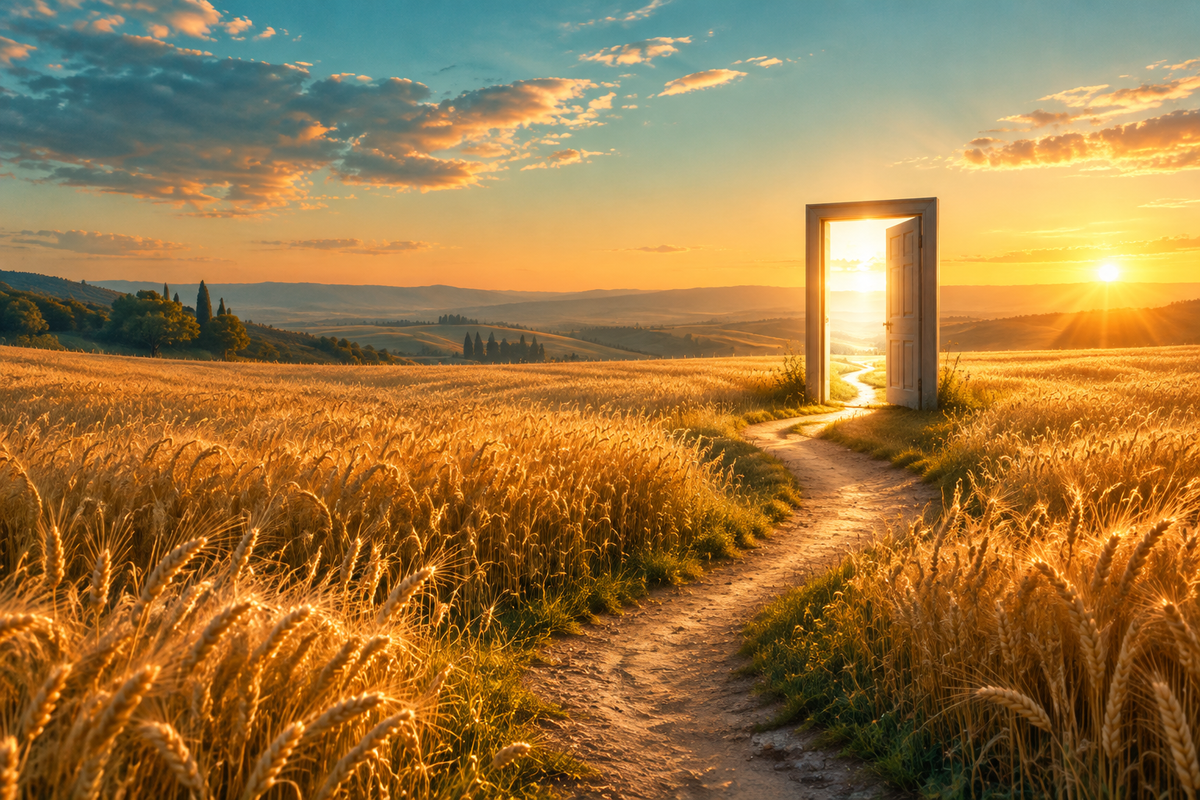 Sunlit wheat field at golden hour with a calm winding path leading toward a bright open doorway